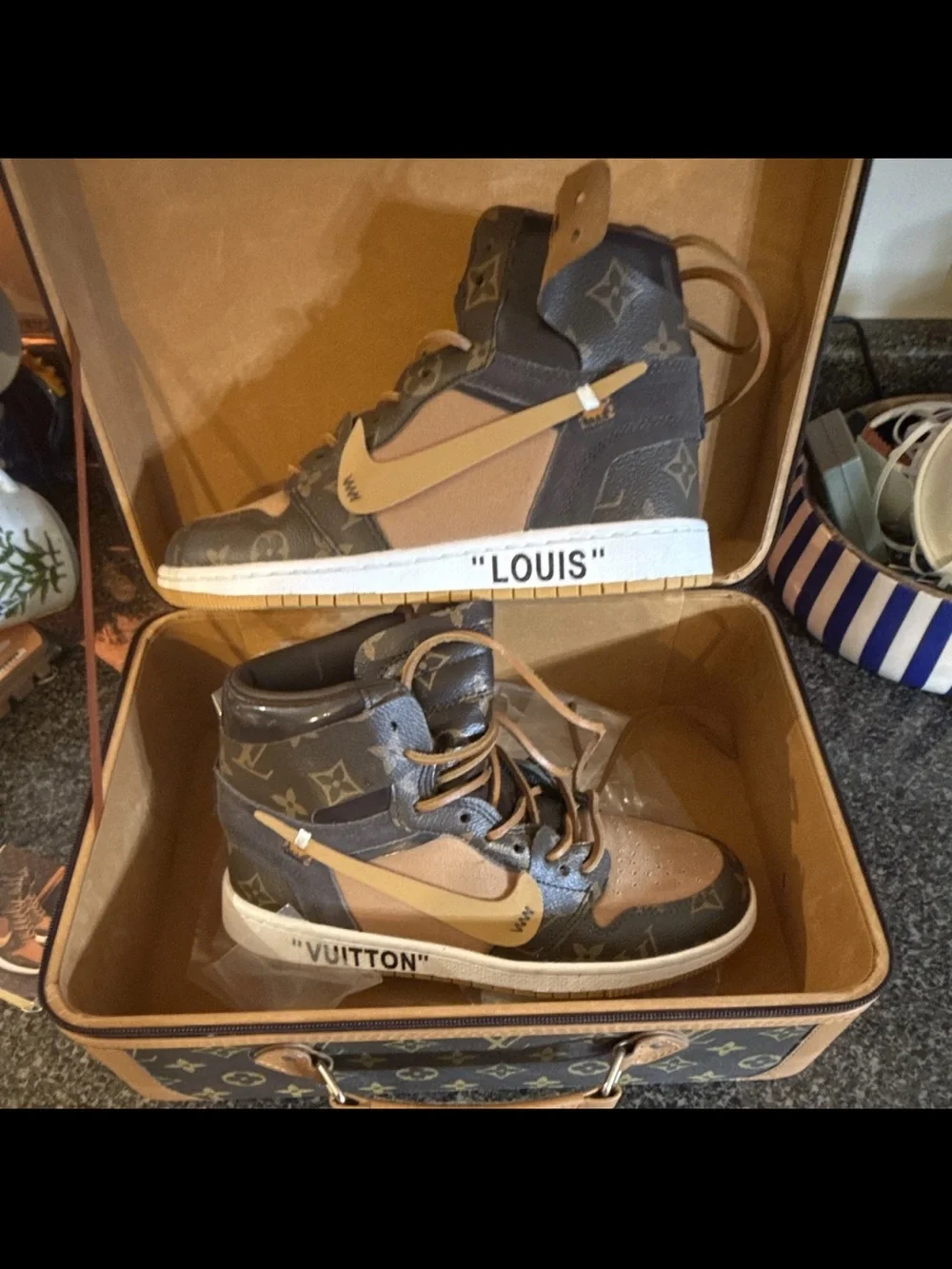 Off-Louis LV Air Jordan 1 High Top Sneakers Brown/Tan Monogram Lace-Up